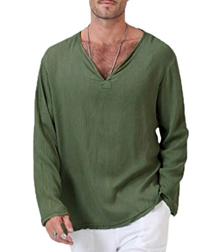 WHKJSS Herren Leinenhemd Casual Basic Classic Top Hemdbluse Bequem Langarm Vintage Hemden (Grün,XL,XL) von WHKJSS