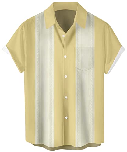 Herren Kurzarm Button Down Vintage Bowling Shirts Hawaii Casual Bedruckt Strandshirt Sommer Regular Fit Top, Bowling-Creme Gelb, Mittel von Whoinshop