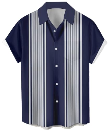 Herren Kurzarm Button Up Hawaiihemd 1950er Vintage Bowling Shirts, Bowling-Saphir-Streifen, XX-Large von Whoinshop