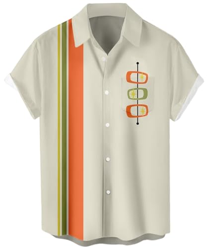 Herren Kurzarm Button Up Hawaiihemd 1950er Vintage Bowling Shirts, Bowling-Beige quadratisch, L von Whoinshop