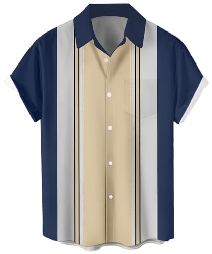 Herren Kurzarm Button Up Hawaiihemd 1950er Vintage Bowling Shirts, Bowling-Navy und Aprikose, 3X-Groß von Whoinshop