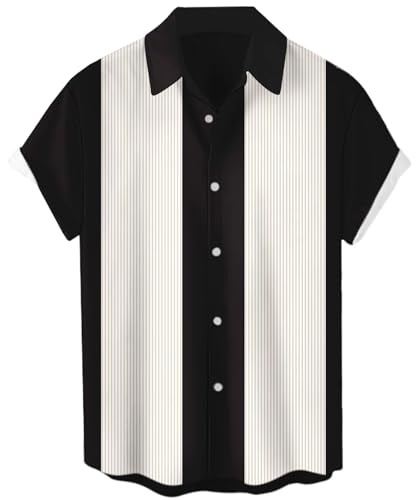 Herren Kurzarm Button Up Hawaiihemd 1950er Vintage Bowling Shirts, Bowling-Schwarz, L von Whoinshop