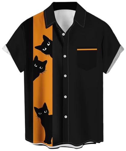 WHO IN SHOP Herren Halloween Kurzarm Button Down Shirts Hawaiian Casual Printed Beach Shirt, schwarze katze, 3X-Groß von Whoinshop
