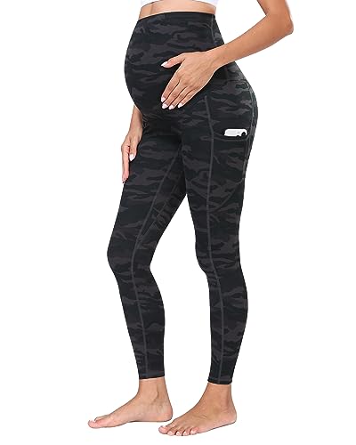 WHOUARE Umstandsleggings über dem Bauch mit Taschen für Frauen Schwangerschaft Hohe Taille Workout Activewear Yogahose, Camouflage Grau, M von WHOUARE