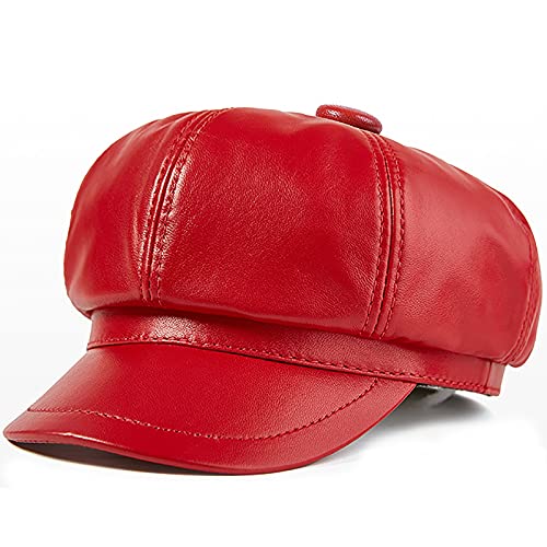 WHSPORT 8 Panel Efeu Kappe Leder Gatsby Newsboy Caps Damen Schirmmütze Herbst Baskenmützen Winter Baker Boy Hat Visier (Color : Red, Size : 55-56) von WHSPORT