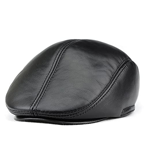 WHSPORT Barett Cap Herren Leder Schiebermütze Gatsby Schirmmütze Newsboy Flat Cap Baskenmütze mit Ohrenklappen (Color : Black, Size : 58-59cm/22.83-23.22in) von WHSPORT