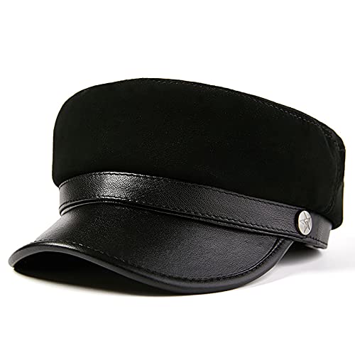 WHSPORT Erwachsene Echte Leder Fiddler Mütze Flach Top Mariner es Cap traditionelle Kapitänsmütze mit Innenfutter (Color : Black, Size : 57-58) von WHSPORT