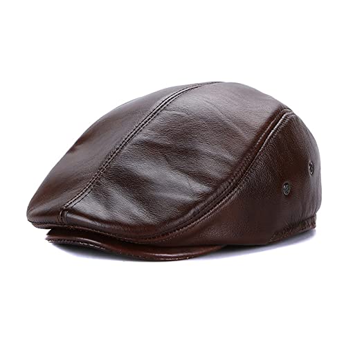 WHSPORT Herren Schiebermütze Schwarz Klassische Mode Flatcap Mit Ohrenschützer Newsboy Cap Schirmmütze Leder Herbst/Winter (Color : Brown, Size : 55-56) von WHSPORT