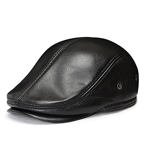 WHSPORT Leder Newsboy Flat Cap mit Ohrenklappen Schiebermütze Ballonmütze Barett Cap Ivy Gatsby Cap Schirmmütze (Color : Black, Size : 58-59cm/22.83-23.22in) von WHSPORT