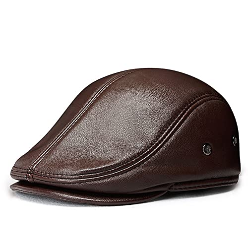 WHSPORT Leder Newsboy Flat Cap mit Ohrenklappen Schiebermütze Ballonmütze Barett Cap Ivy Gatsby Cap Schirmmütze (Color : Brown, Size : 56-57cm/22.04-22.44in) von WHSPORT