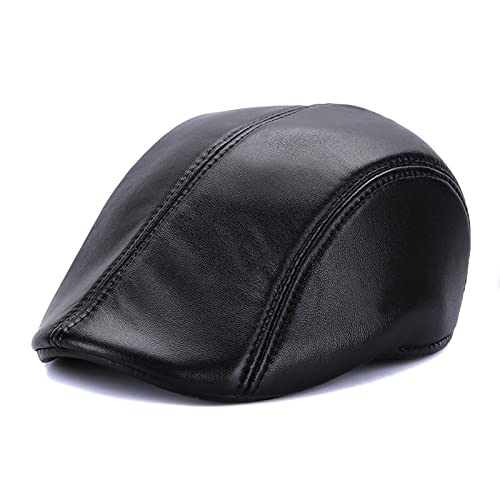 WHSPORT Newsboy Cap Leather Echtes Aus Leder Ivy Barett Zeitungsjunge Gatsby Golf Cabbie Schiebermütze (Color : Black, Size : 59-60) von WHSPORT