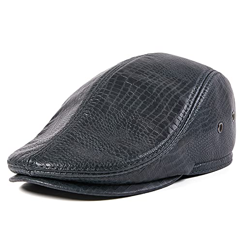 WHSPORT Schiebermütze Herren Flatcap mit Ohrenklappen Schirmmütze Barett Cap Leder Newsboy Gatsby Mütze, Ivy Driving Hüte Herbst/Winter (Color : Black, Size : 55-56) von WHSPORT