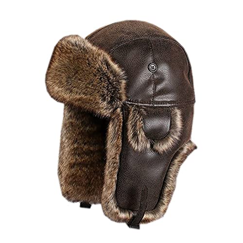 WHSPORT Warme WintermüTze Dome Lei Feng Hut Herren Outdoor Radfahren Sport Skifahren Freizeit Verdicken Winddichte LedermüTze mit GehöRschutz (Color : Black Brown, Size : 58cm/22.83in) von WHSPORT