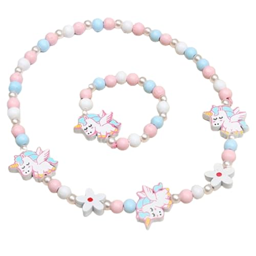 WHYCNJL 1 Set Kinderkette Mädchen Holz Kinder Schmuck Set Einhorn Perlen Halskette und Armband Geschenk für Mädchen Geburtstag Party Dress Up Kostüm Zubehör von WHYCNJL
