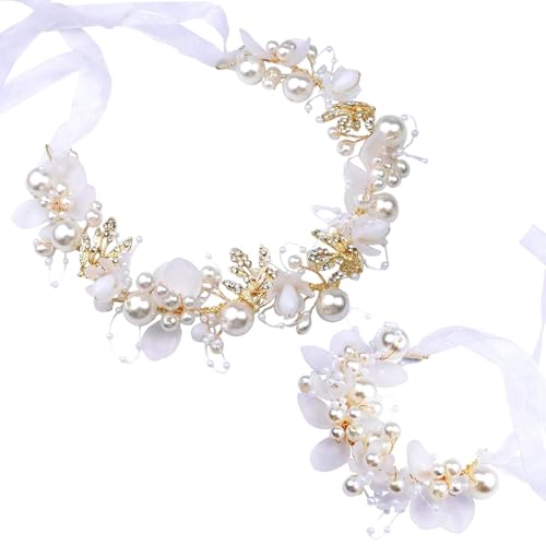 WHYCNJL 1 Stück Mädchen Blumenkranz Haare Kinder Mit 1 Stück Schleife Armbänder Armband Vine Strass Strass Zweig Krone Blume Kopfschmuck Für Hochzeiten Geburtstag Partys Leistung Und Sommer Strand von WHYCNJL