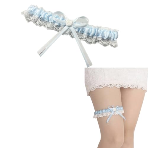 WHYCNJL 1 Stück Strumpfband Hochzeit Elegantes Schmales Hochzeitsstrumpfband Braut Strumpfband aus Spitze mit zarter Satinschleife Weiss und Blau von WHYCNJL