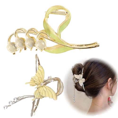 WHYCNJL 2 Stück Blumen Metall Haarspangen für Damen Große Haarkrallen Clips für Frauen für Dickes Haar Dünnes Haar Haarkralle für Mädchen Glockenblumen und Schmetterlinge von WHYCNJL