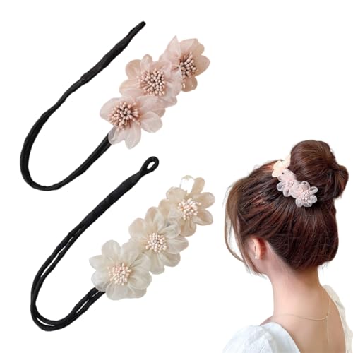 WHYCNJL 2 Stück Flower Hair Bun Roller Twist Hairstyle Dutt Haarschmuck Bun Hair Clip Fauler Lockenwickler Haarknoten Maker Haarknotenmacher for Women and Girls (Weiss Rosa) von WHYCNJL