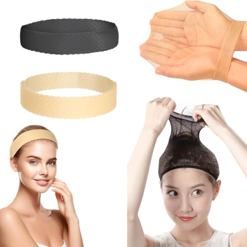 WHYCNJL 2 Stück Wig Band mit 2 Stück Wig Cap, Elastisches Perückengriff, Perücke Stirnband, Hautfarben, Schwarz von WHYCNJL