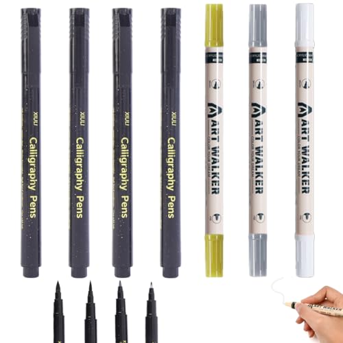 WHYCNJL 7 Stück Handlettering Stifte Set mit 4 Größe Schwarz Kalligraphie Stifte und 3 Acryl-Dual-Point-Marker für Anfänger Schreiben, Unterschrift, Illustration Design und Zeichnen von WHYCNJL