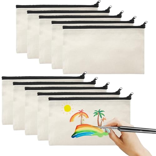 WHangXJangYE 10 Stück DIY Blanko Stoffbeutel, Stoffbeutel zum Bemalen Federmäppchen Klein Reise Kulturbeutel Kosmetiktasche mit Reißverschluss Mäppchen Taschen Klein, 21 x 12 cm (Black Zipper) von WHangXJangYE