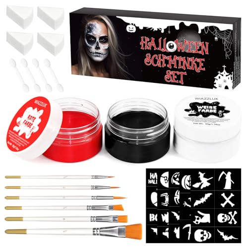 WIAZZLUK Halloween Schminke Set Makeup Set, Face Paint Weiß Schwarz Rot, Gesicht Body Painting Öl Rot mit Makeup Pinsel, Kinderschminke Fasching, Zombie Vampire, Clown Bilden Gesicht Körper Farbe Set WIAZZLUK Halloween Schminke Set Makeup Set, Face Paint Weiß Schwarz Rot, Gesicht Body Painting Öl Rot mit Makeup Pinsel, Kinderschminke Fasching, Zombie Vampire, Clown Bilden Gesicht Körper Farbe Set von WIAZZLUK