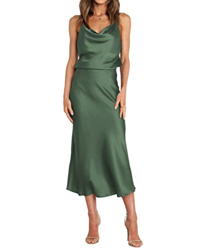 WICIWI Damen Satin Slip Kleid 2023 Wasserfallausschnitt Spaghettiträger Rückenfrei Sexy Hochzeit Club Cocktail Midi Bodycon Kleider, Solides Armeegrün, XX-Large von WICIWI