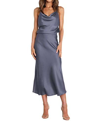 WICIWI Damen Satin Slip Kleid 2023 Wasserfallkragen Spaghetti Träger Rückenfrei Sexy Hochzeit Club Cocktail Midi Bodycon Kleider, Grau / Blau, Klein von WICIWI