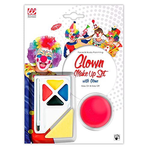 Widmann 4044N - Schminkset Clown, 4 Farben mit 4,5 ml, Pinsel, Nase, Schwämme, Karneval, Mottoparty, Halloween von WIDMANN