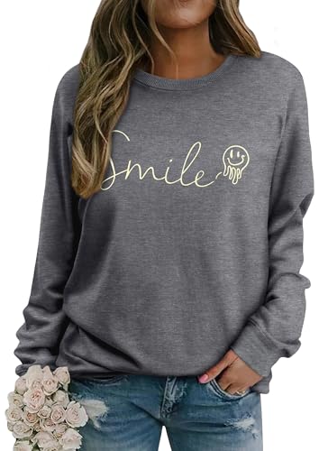 WIEIYM Damen Drucken Sweatshirt Rundhals Langarmshirt Druck Pullover Langarm Herbst Sweatshirts Winter Sport Streetwear Baumwolle Bluse Tops Oberteile,Grau,XL von WIEIYM
