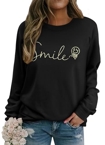 WIEIYM Damen Drucken Sweatshirt Rundhals Langarmshirt Druck Pullover Langarm Herbst Sweatshirts Winter Sport Streetwear Baumwolle Bluse Tops Oberteile,Schwarz,S von WIEIYM