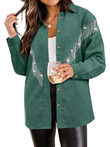 WIEIYM Damen Glitzer Jacke Rhinestones Fransen Knöpfen Jeansjacke Konzert Outfits Langarm Quasten Tshirt Pailletten College Party Jacken,Grün,M von WIEIYM