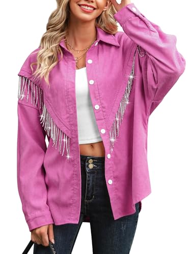 WIEIYM Damen Glitzer Jacke Rhinestones Fransen Knöpfen Jeansjacke Konzert Outfits Langarm Quasten Tshirt Pailletten College Party Jacken,Rosa,S von WIEIYM