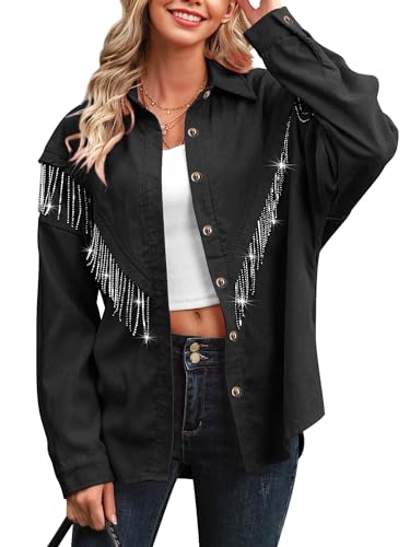 WIEIYM Damen Glitzer Jacke Rhinestones Fransen Knöpfen Jeansjacke Konzert Outfits Langarm Quasten Tshirt Pailletten College Party Jacken,Schwarz,S von WIEIYM