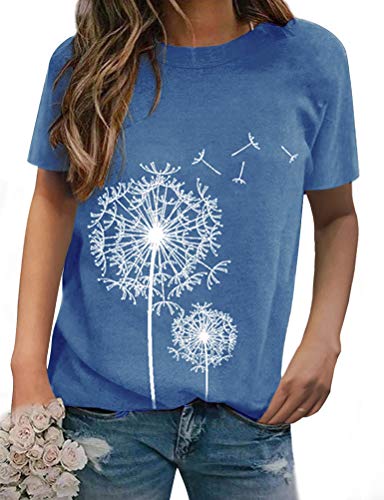 WIEIYM Damen Jugendlich Mädchen T-Shirts Sommer Pusteblume T-Shirt Lässiges Löwenzahn Tshirt Kurzarm Rundhals Oberteile Tops Bluse(Hellblau, S von WIEIYM