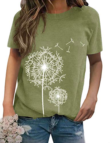WIEIYM Damen Jugendlich Mädchen T-Shirts Sommer Pusteblume T-Shirt Lässiges Löwenzahn Tshirt Kurzarm Rundhals Oberteile Tops Bluse(Hellgrün, S von WIEIYM