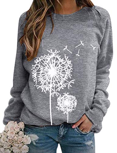 WIEIYM Damen Langarmshirt Rundhals Oberteile Lässiges Sweatshirt Komfortabel Pusteblume Gedrucktes Bluse Shirt Tops(Grau,S) von WIEIYM