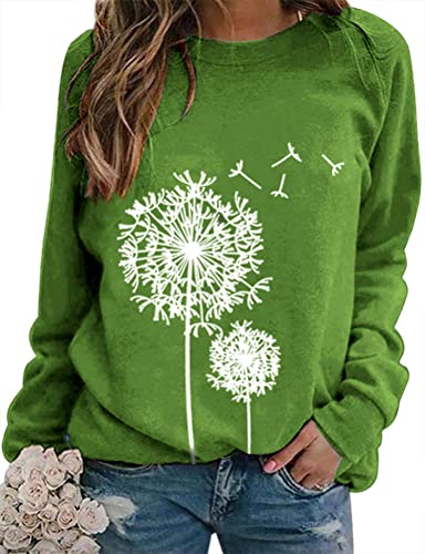 WIEIYM Damen Langarmshirt Rundhals Oberteile Lässiges Sweatshirt Komfortabel Pusteblume Gedrucktes Bluse Shirt Tops(Grün,S) von WIEIYM