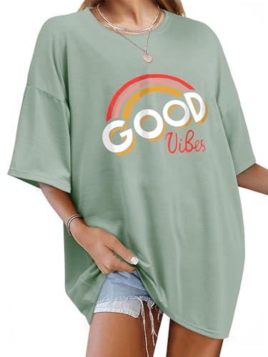 WIEIYM Damen Oversized Good Vibes Regenbogen T-Shirt Brief Gedruckt Tops Casual Tshirts Rundhals Kurzarm Teenager Mädchen Lässig Sommer Oberteile,Bohne Grun,M von WIEIYM