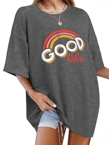 WIEIYM Damen Oversized Good Vibes Regenbogen T-Shirt Brief Gedruckt Tops Casual Tshirts Rundhals Kurzarm Teenager Mädchen Lässig Sommer Oberteile,Dunkelgrau,XXL von WIEIYM