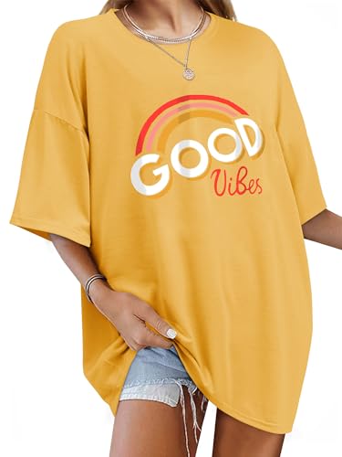 WIEIYM Damen Oversized Good Vibes Regenbogen T-Shirt Brief Gedruckt Tops Casual Tshirts Rundhals Kurzarm Teenager Mädchen Lässig Sommer Oberteile,Gelb,M von WIEIYM