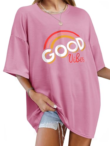 WIEIYM Damen Oversized Good Vibes Regenbogen T-Shirt Brief Gedruckt Tops Casual Tshirts Rundhals Kurzarm Teenager Mädchen Lässig Sommer Oberteile,Hellrot,M von WIEIYM
