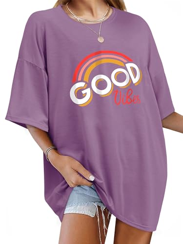 WIEIYM Damen Oversized Good Vibes Regenbogen T-Shirt Brief Gedruckt Tops Casual Tshirts Rundhals Kurzarm Teenager Mädchen Lässig Sommer Oberteile,Hellviolett,M von WIEIYM