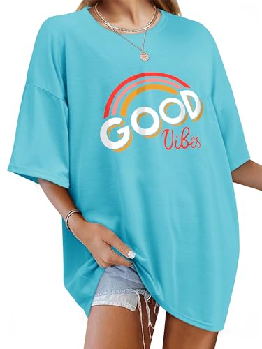 WIEIYM Damen Oversized Good Vibes Regenbogen T-Shirt Brief Gedruckt Tops Casual Tshirts Rundhals Kurzarm Teenager Mädchen Lässig Sommer Oberteile,Himmelblau,XXL von WIEIYM