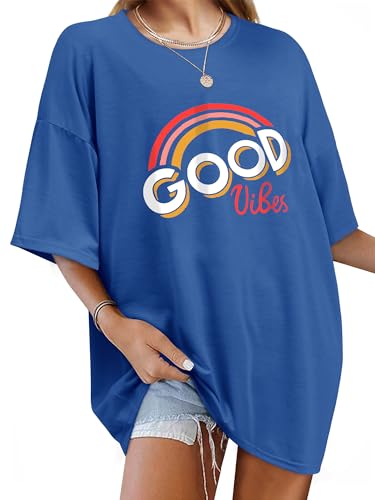 WIEIYM Damen Oversized Good Vibes Regenbogen T-Shirt Brief Gedruckt Tops Casual Tshirts Rundhals Kurzarm Teenager Mädchen Lässig Sommer Oberteile,Konigsblau,XXL von WIEIYM
