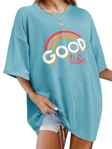WIEIYM Damen Oversized Good Vibes Regenbogen T-Shirt Brief Gedruckt Tops Casual Tshirts Rundhals Kurzarm Teenager Mädchen Lässig Sommer Oberteile,Pfauenblau,XXL von WIEIYM