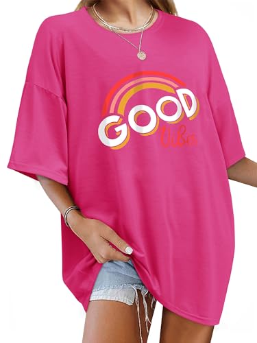 WIEIYM Damen Oversized Good Vibes Regenbogen T-Shirt Brief Gedruckt Tops Casual Tshirts Rundhals Kurzarm Teenager Mädchen Lässig Sommer Oberteile,Rosig,XXL von WIEIYM