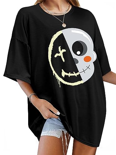 WIEIYM Damen Oversized Good Vibes T-Shirt Tops Casual Tshirts Rundhals Kurzarm T-Shirt Tops Teenager Mädchen Sommer Oberteile,A-Schwarz,L von WIEIYM