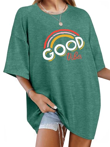 WIEIYM Damen Oversized Good Vibes Regenbogen T-Shirt Brief Gedruckt Tops Casual Tshirts Rundhals Kurzarm Teenager Mädchen Lässig Sommer Oberteile,AA-Grün,S von WIEIYM