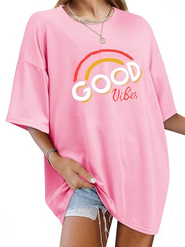 WIEIYM Damen Oversized Good Vibes Regenbogen T-Shirt Brief Gedruckt Tops Casual Tshirts Rundhals Kurzarm Teenager Mädchen Lässig Sommer Oberteile,AAAA-rosa,2XL von WIEIYM